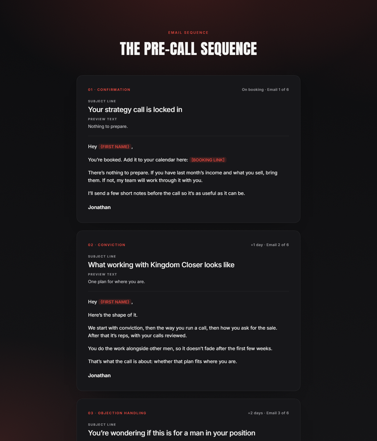 Pre-call email sequence preview